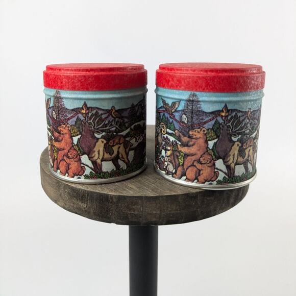 Vtg Miniature Christmas Tins Forest Animals Tree 2" Holiday Container Gift Box - Picture 4 of 12